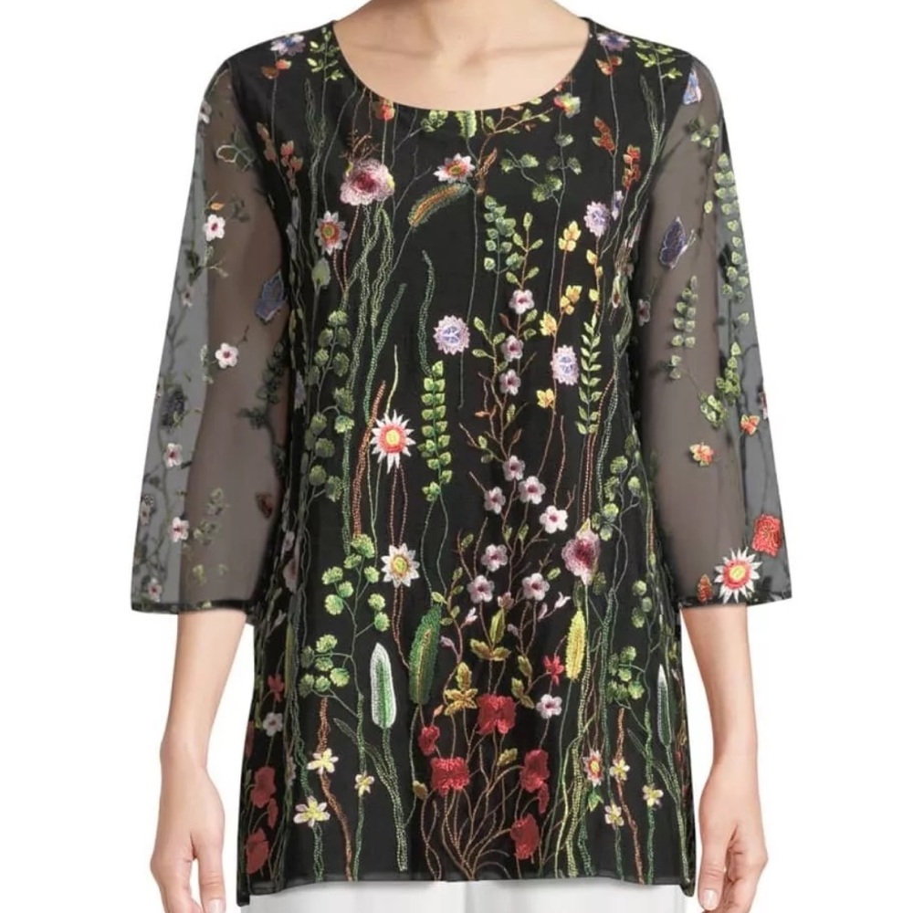 Embroidered Floral Sheer Sleeve Tunic - Black